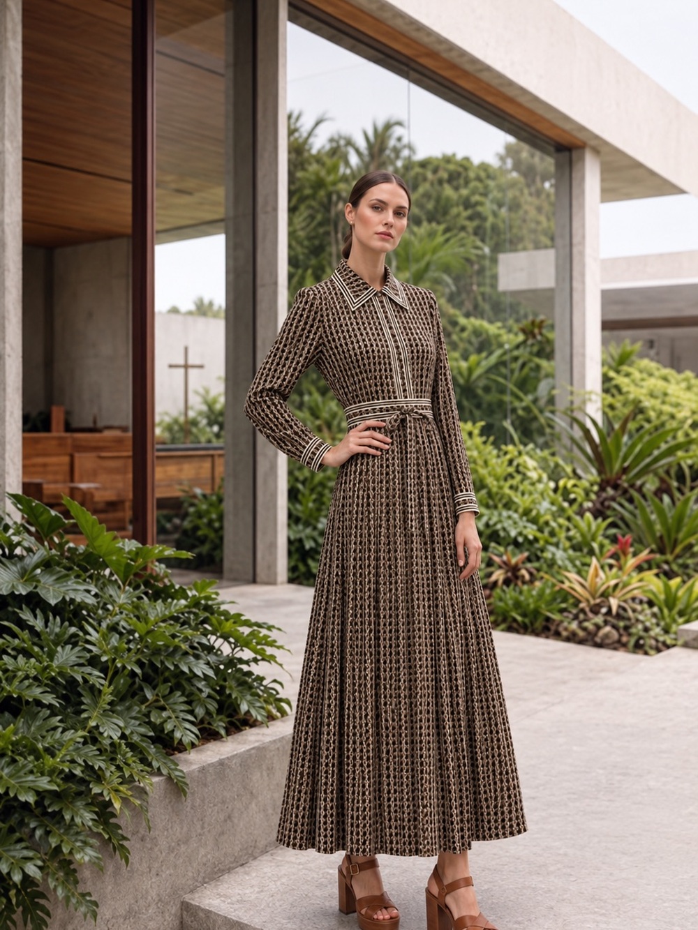 Size 4 Tory Burch Brown Patterned Belted Maxi Shirt Dress